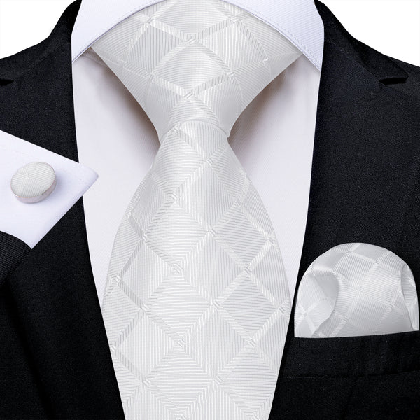 White Plaid Men's Necktie Pocket Square Cufflinks Set