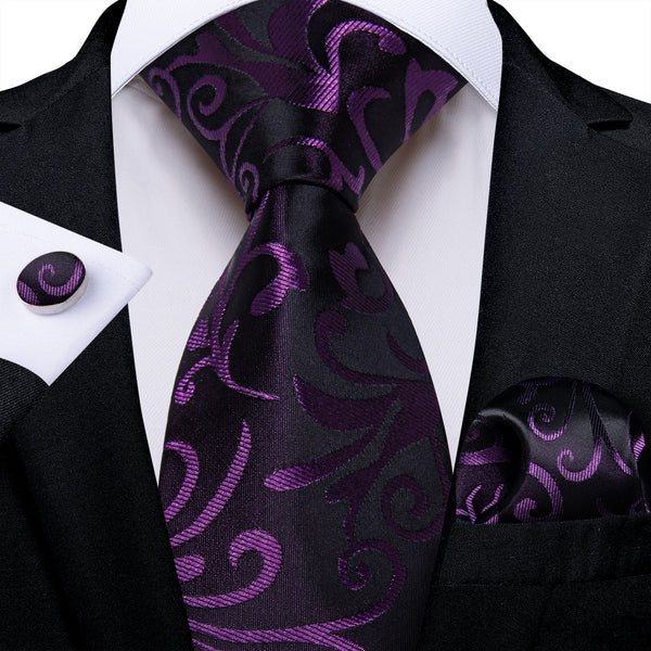 Black DarkPurple Floral Men's Necktie Pocket Square Cufflinks Set