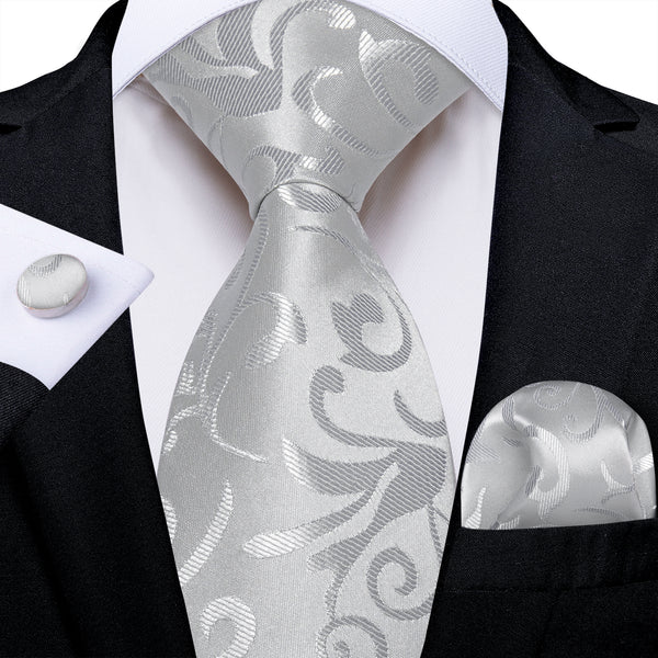 Grey Sliver Floral Men's Necktie Pocket Square Cufflinks Set