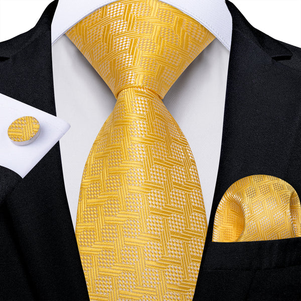 Orange Geometric Men's Necktie Pocket Square Cufflinks Set