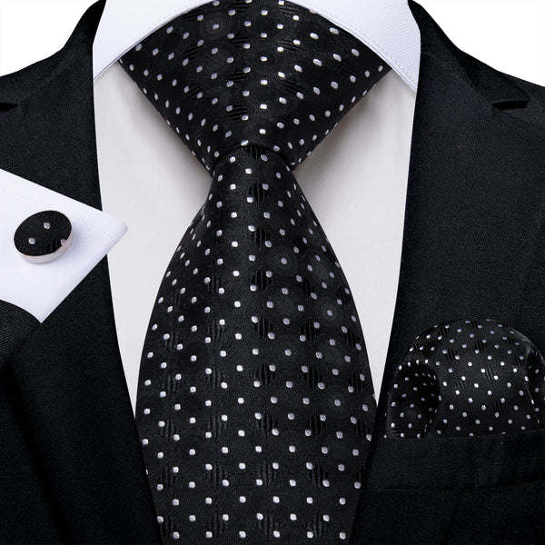 Black White Polka Dot Men's Necktie Pocket Square Cufflinks Set