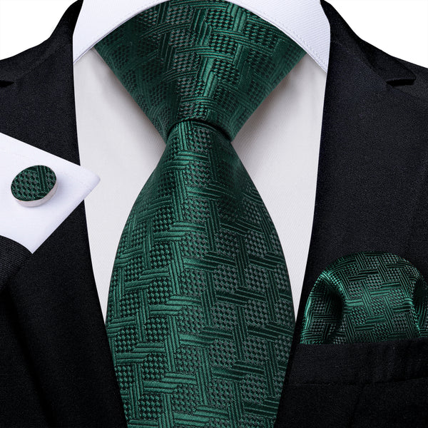 Green Geometric Men's Necktie Pocket Square Cufflinks Set