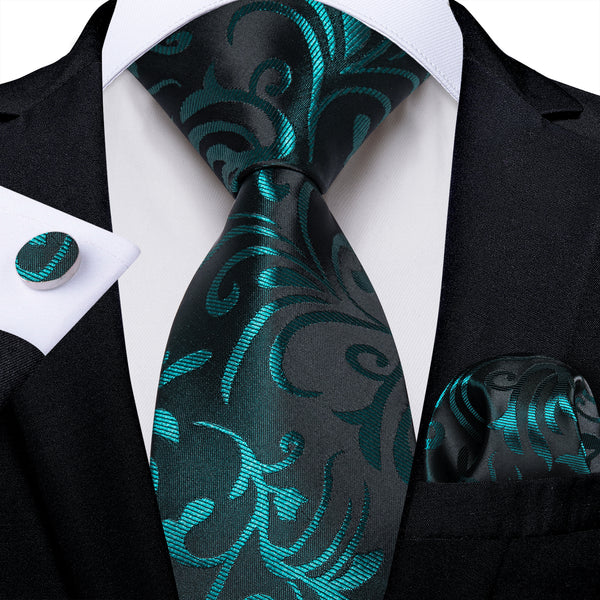 Black Teal Floral Men's Necktie Pocket Square Cufflinks Set