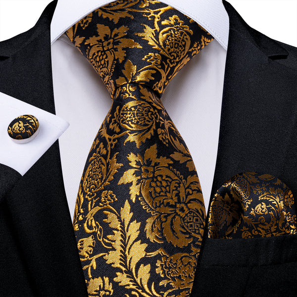 Black Golden Floral Silk Men's Necktie Pocket Square Cufflinks Set