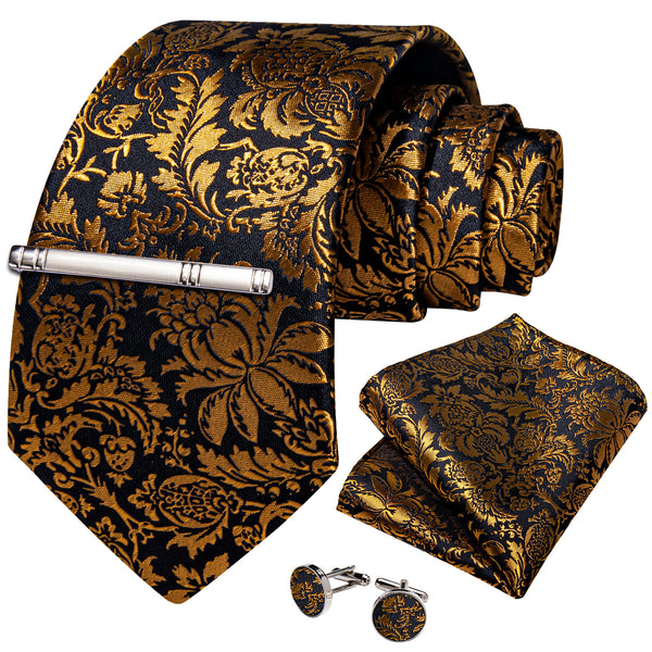 Black Golden Floral Silk Men's Necktie Pocket Square Cufflinks Set with Clip