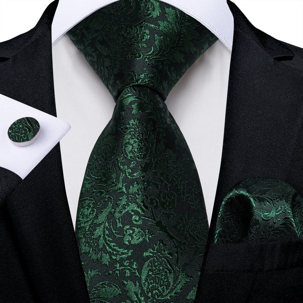 Black DarkGreen Floral Silk Men's Necktie Pocket Square Cufflinks Set