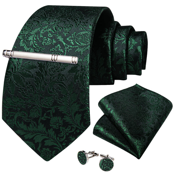 Black DarkGreen Floral Silk Men's Necktie Pocket Square Cufflinks Set with Clip