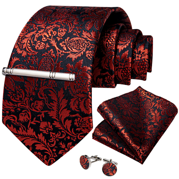 Black Red Floral Silk Men's Necktie Pocket Square Cufflinks Set with Clip
