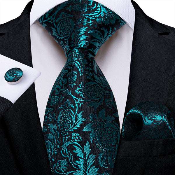 DarkCyan Floral Silk Men's Necktie Pocket Square Cufflinks Set