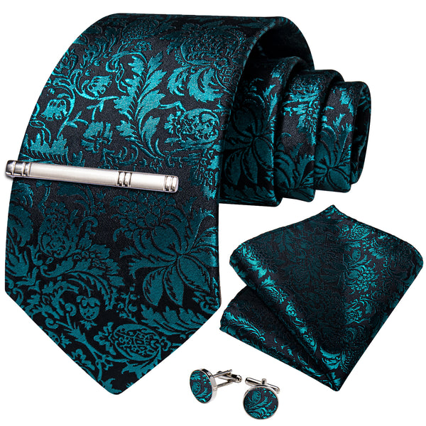 DarkCyan Floral Silk Men's Necktie Pocket Square Cufflinks Set with Clip
