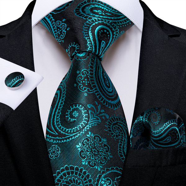 DarkCyan Paisley Silk Men's Necktie Pocket Square Cufflinks Set