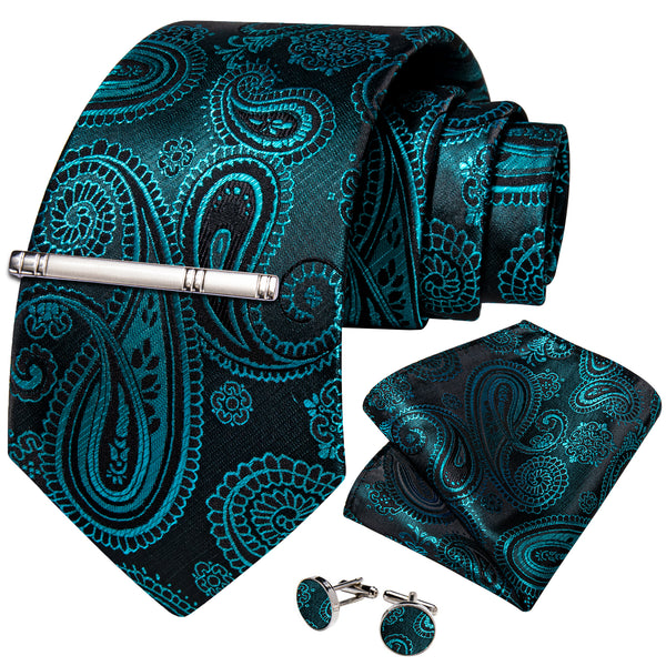 DarkCyan Paisley Silk Men's Necktie Pocket Square Cufflinks Set with Clip