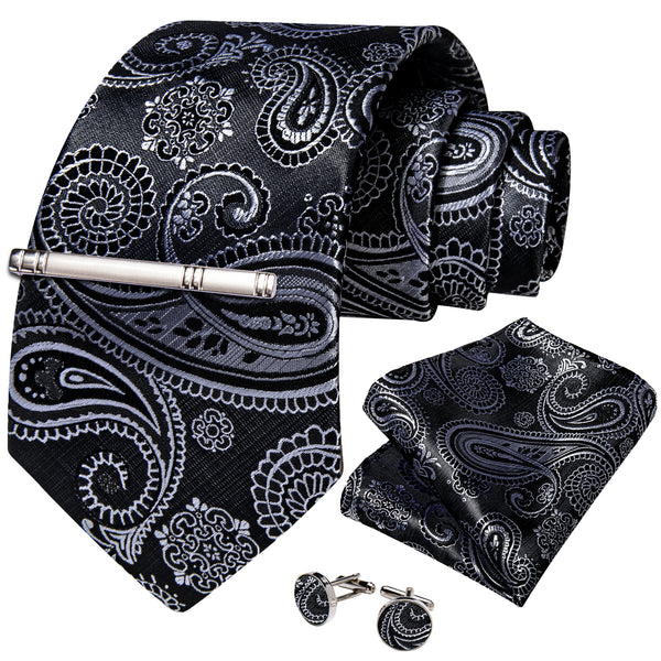 Black White Paisley Silk Men's Necktie Pocket Square Cufflinks Set with Clip
