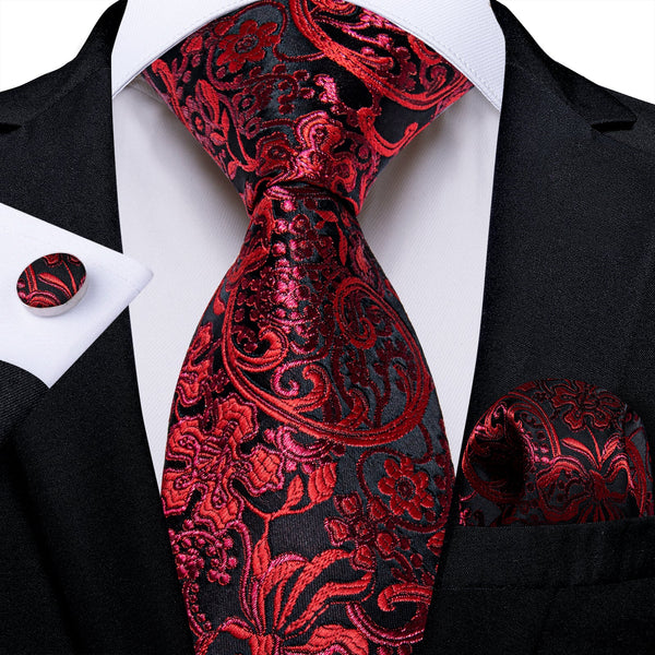 Red Black Floral Silk Men's Necktie Pocket Square Cufflinks Set