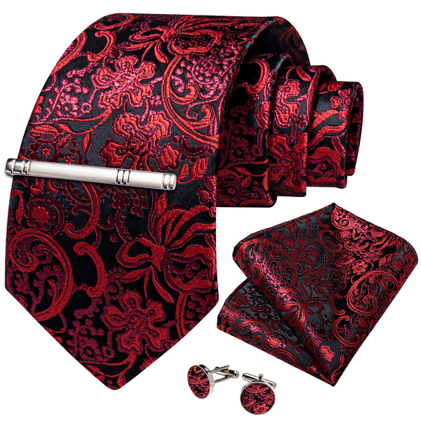 Red Black Floral Silk Men's Necktie Pocket Square Cufflinks Set with Clip