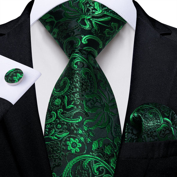 DarkGreen MediumSpringGreen Floral Silk Men's Necktie Pocket Square Cufflinks Set