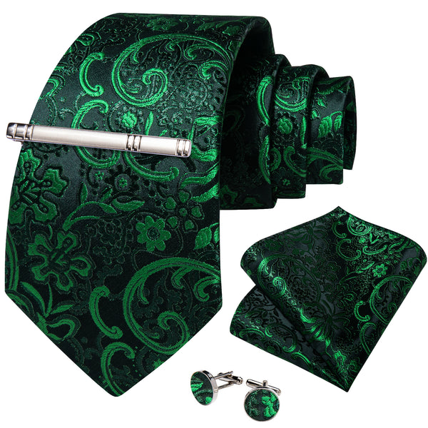 DarkGreen MediumSpringGreen Floral Silk Men's Necktie Pocket Square Cufflinks Set with Clip