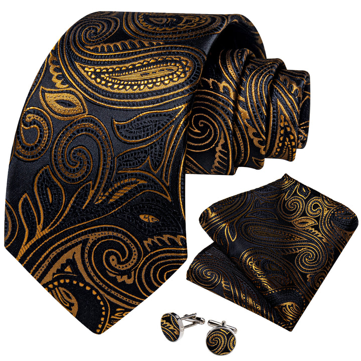 Balck Golden Paisley silk mens suit tie set