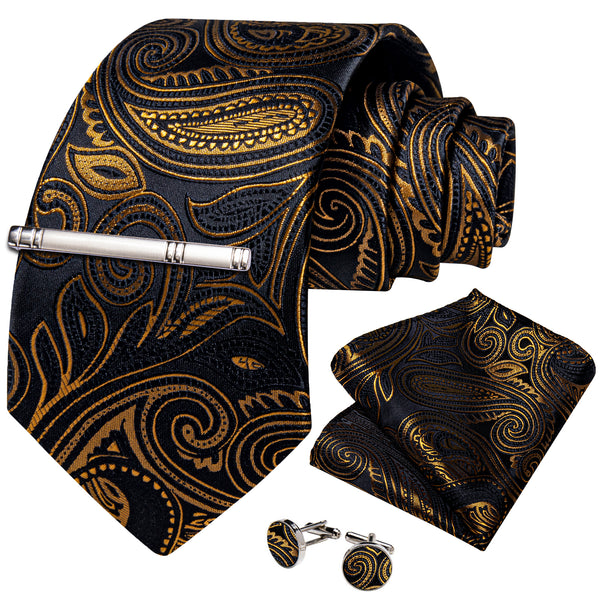 Balck Golden Paisley Silk Men's Necktie Pocket Square Cufflinks Set with Clip