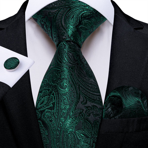DarkGreen Paisley Silk Men's Necktie Pocket Square Cufflinks Set