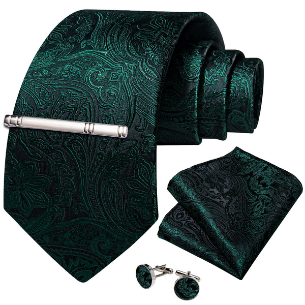DarkGreen Paisley Silk Men's Necktie Pocket Square Cufflinks Set with Clip
