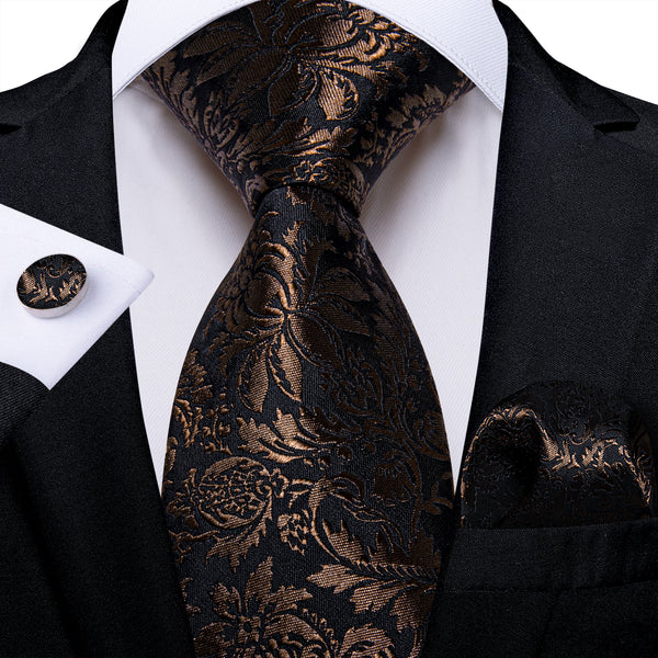 Pecan Brown Floral Silk Men's Necktie Pocket Square Cufflinks Set