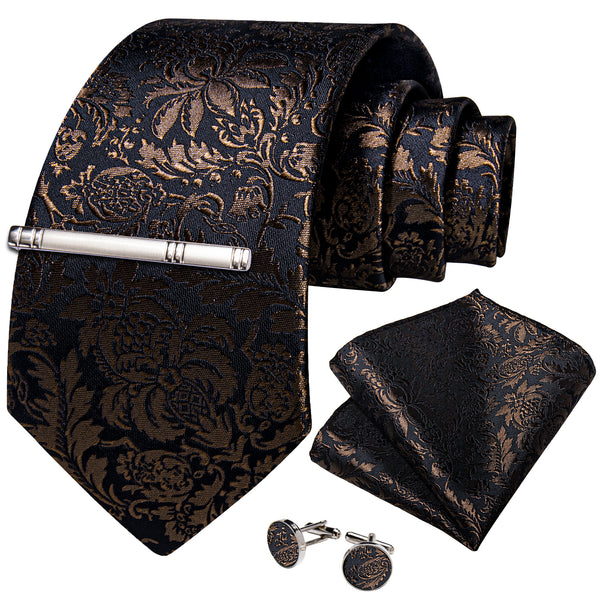 Pecan Brown Floral Silk Men's Necktie Pocket Square Cufflinks Set with Clip