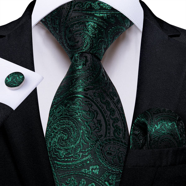 Sapphire Pine Green Floral Silk Men's Necktie Pocket Square Cufflinks Set