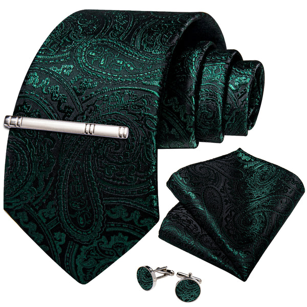 Sapphire Pine Green Floral Silk Men's Necktie Pocket Square Cufflinks Set with Clip