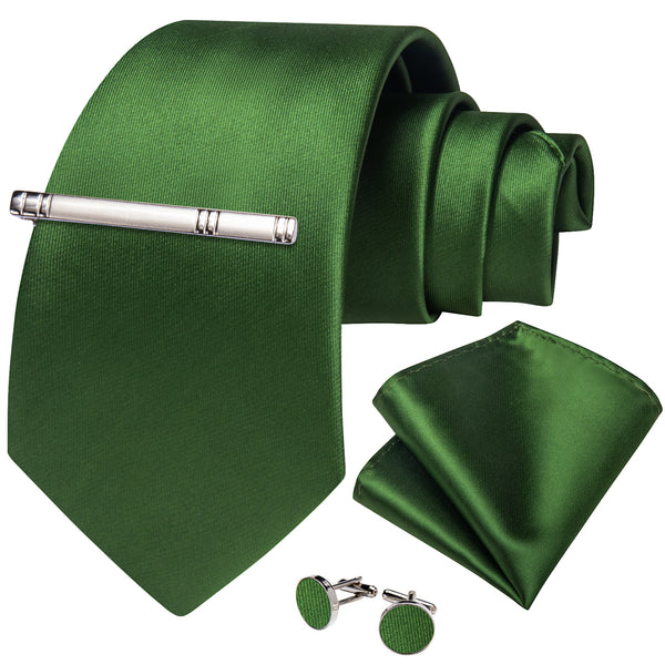 ForestGreen Solid Silk Men's Necktie Pocket Square Cufflinks Set with Clip