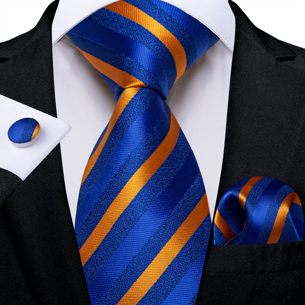 Blue Orange Striped Silk Men's Necktie Pocket Square Cufflinks Set
