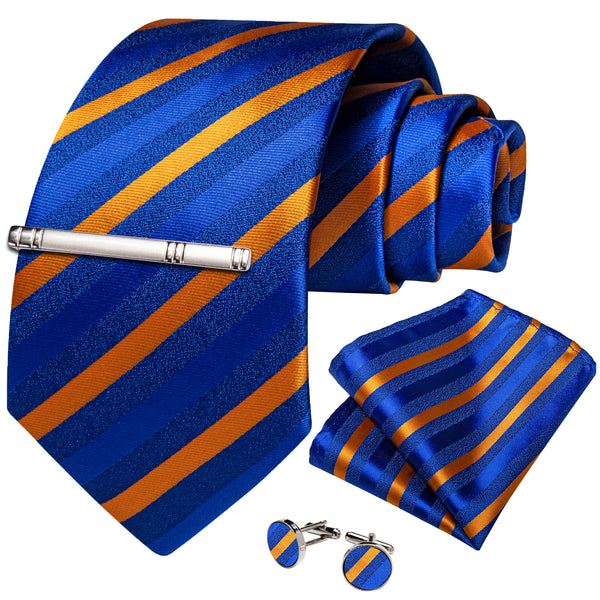 Blue Orange Striped Silk Men's Necktie Pocket Square Cufflinks Set with Clip