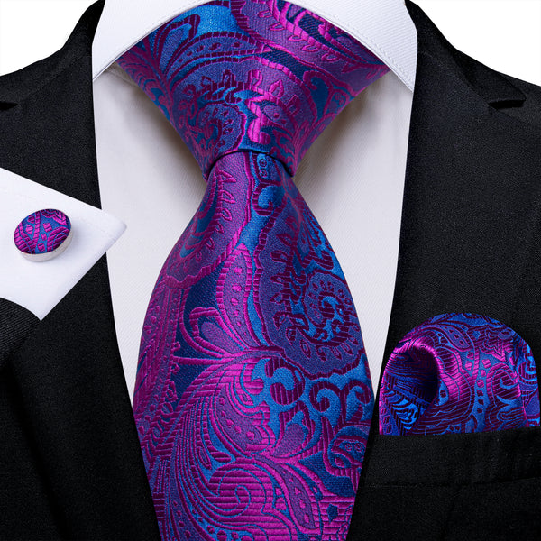 Blue Purple Floral Silk Men's Necktie Pocket Square Cufflinks Set
