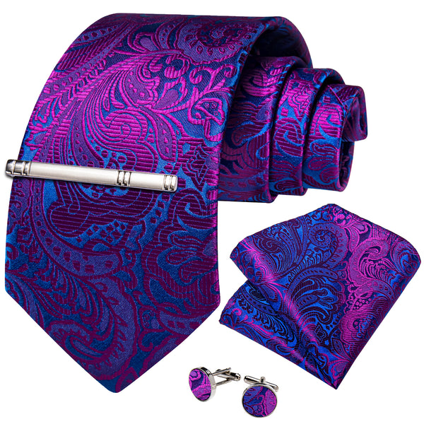 Blue Purple Floral Silk Men's Necktie Pocket Square Cufflinks Set with Clip