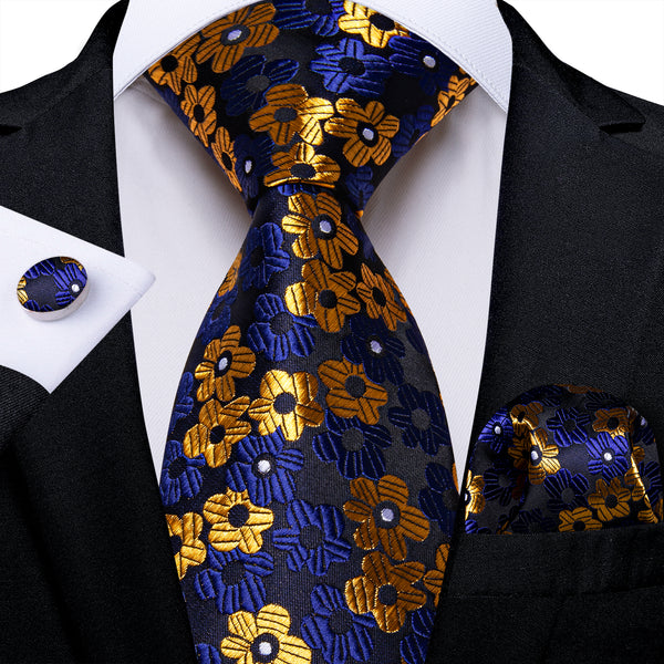 Black Blue Yellow Floral Silk Men's Necktie Pocket Square Cufflinks Set
