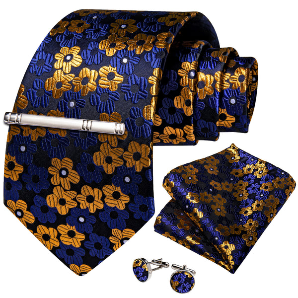 Black Blue Yellow Floral Silk Men's Necktie Pocket Square Cufflinks Set with Clip