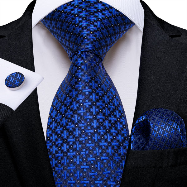 Blue Black Geometric Silk Men's Necktie Pocket Square Cufflinks Set