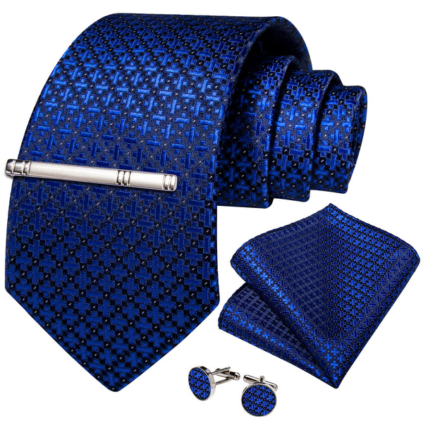 Blue Black Geometric Silk Men's Necktie Pocket Square Cufflinks Set with Clip