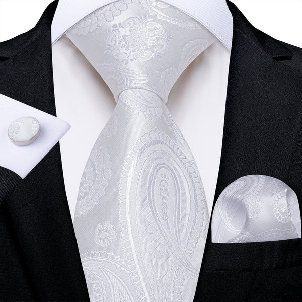 White Paisley Silk Men's Necktie Pocket Square Cufflinks Set