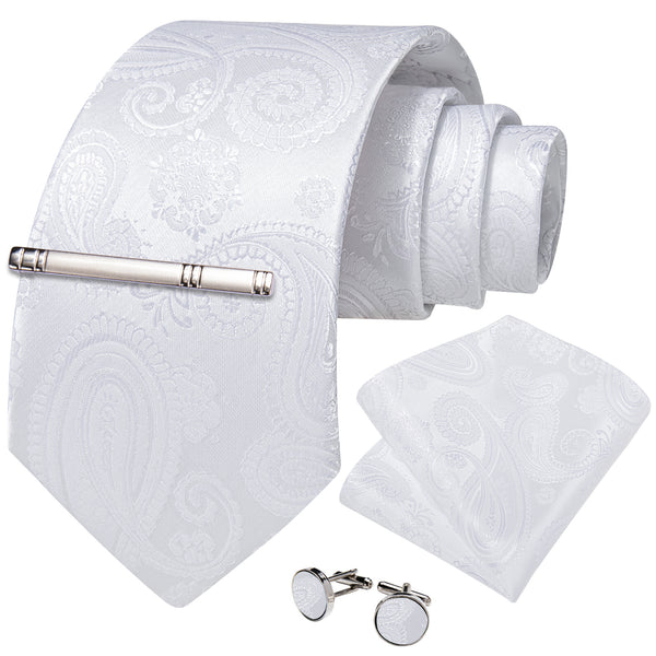 White Paisley Silk Men's Necktie Pocket Square Cufflinks Set with Clip