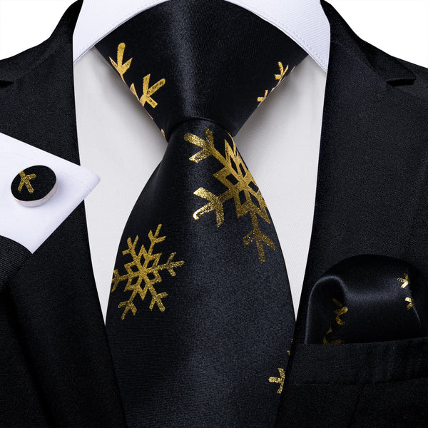 Ties2you Black Necktie for Men Snowflake Silk Christmas Tie Hanky Cufflinks Set for Party