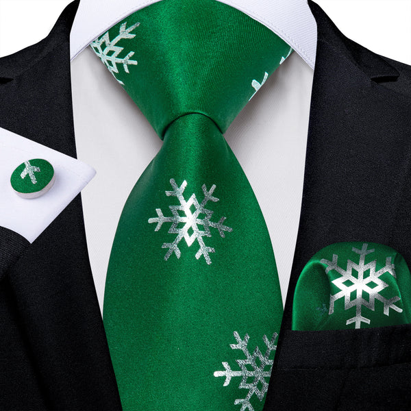 Ties2you Emerald Green Necktie for Men Christmas Snowflake Silk Tie Hanky Cufflinks Set