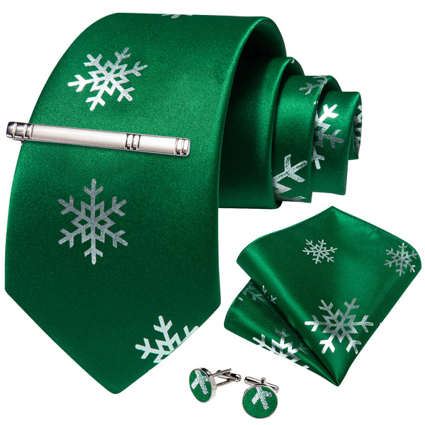 Green Sliver SnowFlake Novelty Silk Men's Necktie Pocket Square Cufflinks Set with Clip