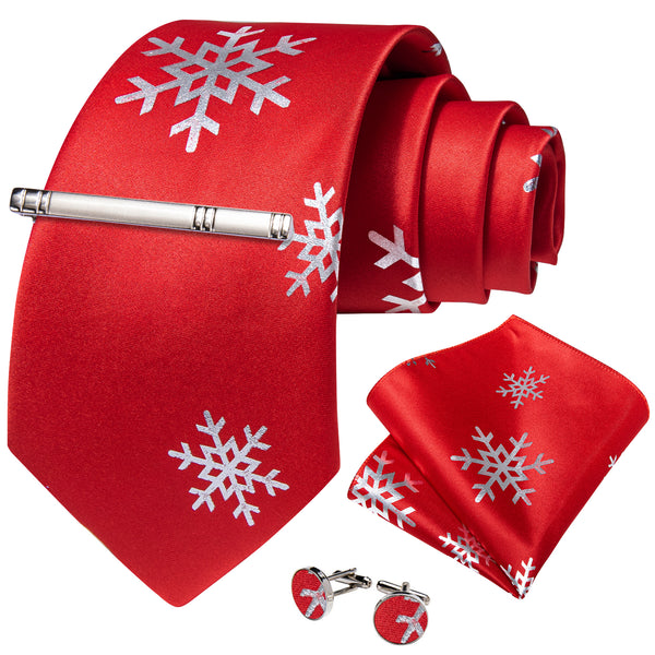 Red Sliver SnowFlake Novelty Silk Men's Necktie Pocket Square Cufflinks Set with Clip