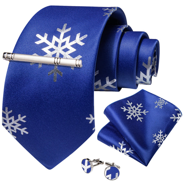 Blue Sliver SnowFlake Novelty Silk Men's Necktie Pocket Square Cufflinks Set with Clip
