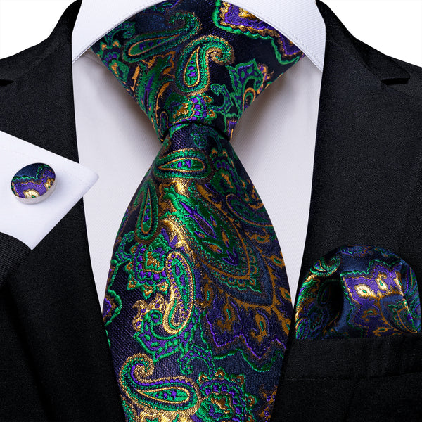 Green Purple Paisley Silk Men's Necktie Pocket Square Cufflinks Set