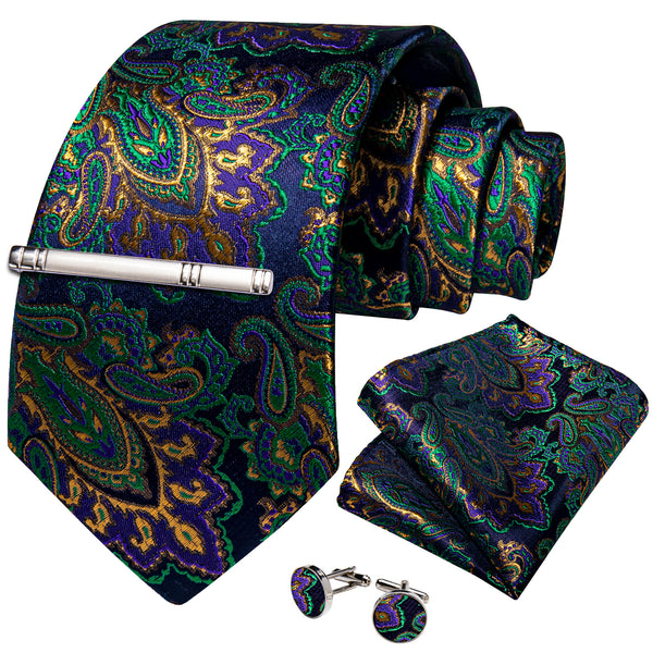 Green Purple Paisley Silk Men's Necktie Pocket Square Cufflinks Set with Clip