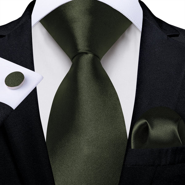 OliveDrab Solid Silk Men's Necktie Pocket Square Cufflinks Set