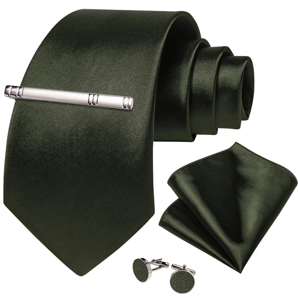 OliveDrab Solid Silk Men's Necktie Pocket Square Cufflinks Set with Clip
