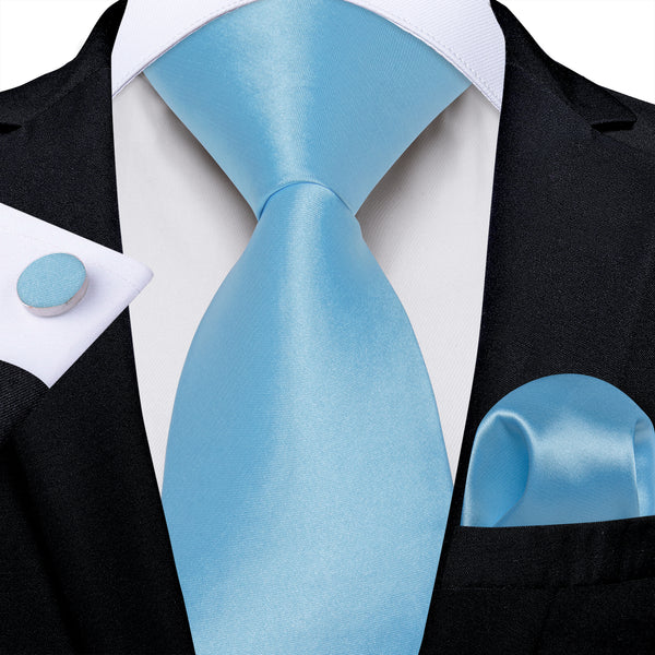 LightBLue Solid Silk Men's Necktie Pocket Square Cufflinks Set